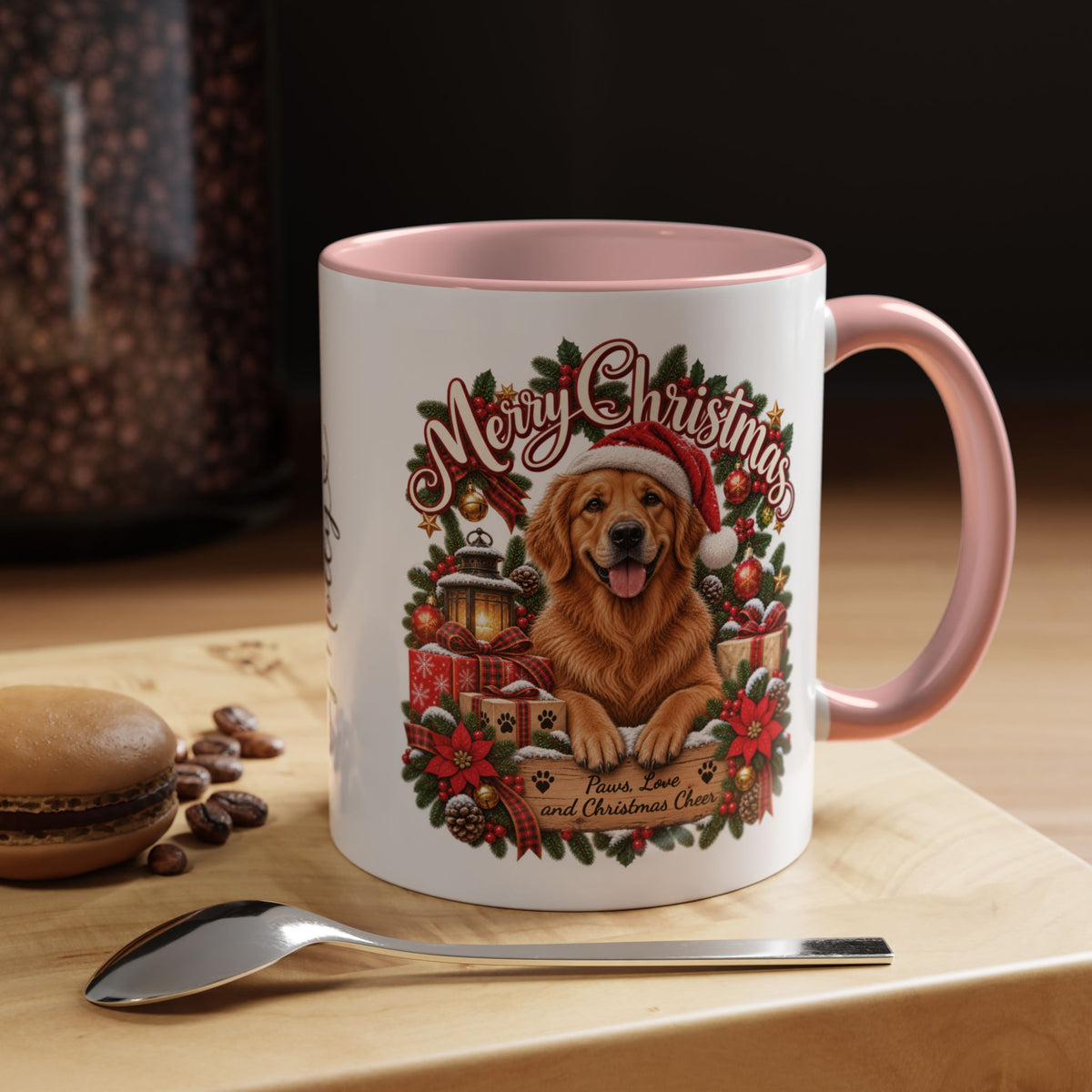 Golden Retriever Merry Christmas, personalised accent colour 11oz mug