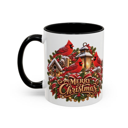 Cardinal Birds Merry Christmas, personalised accent colour 11oz mug