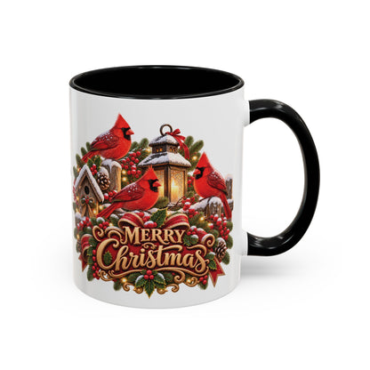 Cardinal Birds Merry Christmas, personalised accent colour 11oz mug