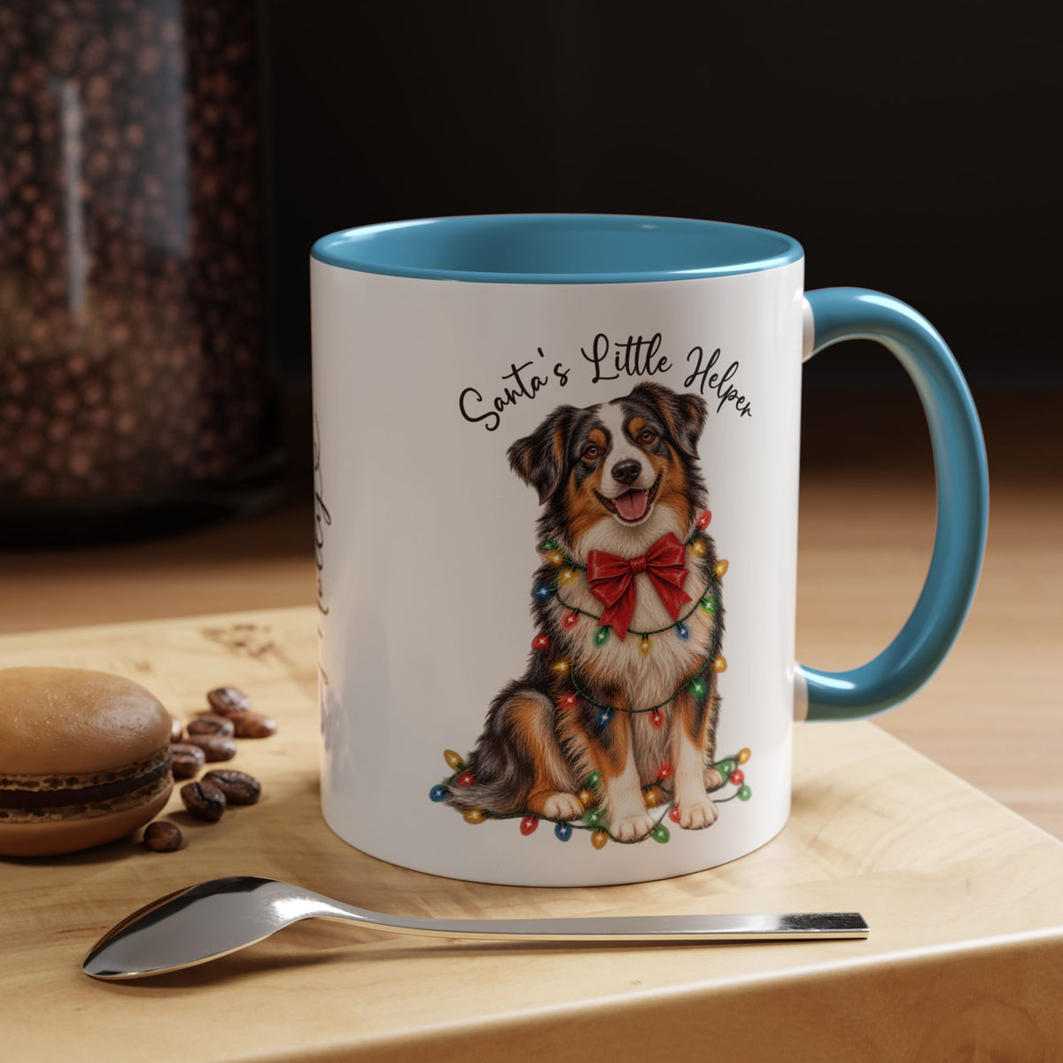Australian Shepherd #4 Santa's little helper, personalised accent colour 11oz mug