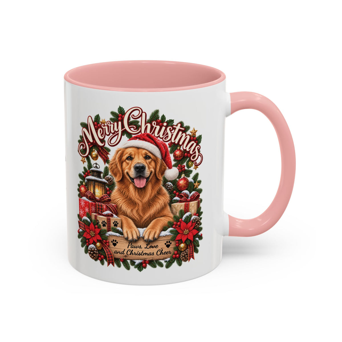Golden Retriever Merry Christmas, personalised accent colour 11oz mug
