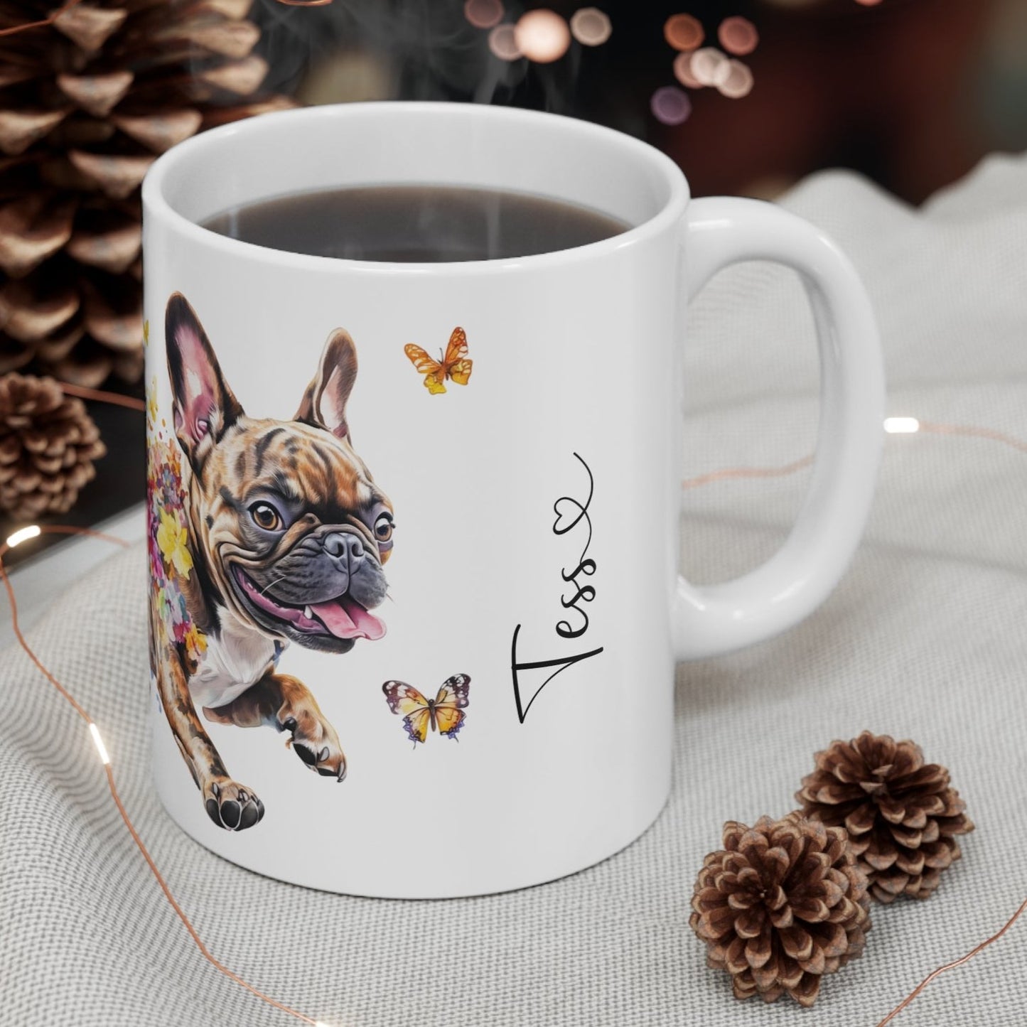 French Bulldog, Brindle running free personalized white Mugs, 11oz