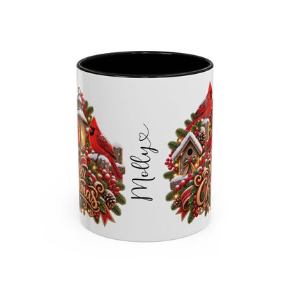 Cardinal Birds Merry Christmas, personalised accent colour 11oz mug