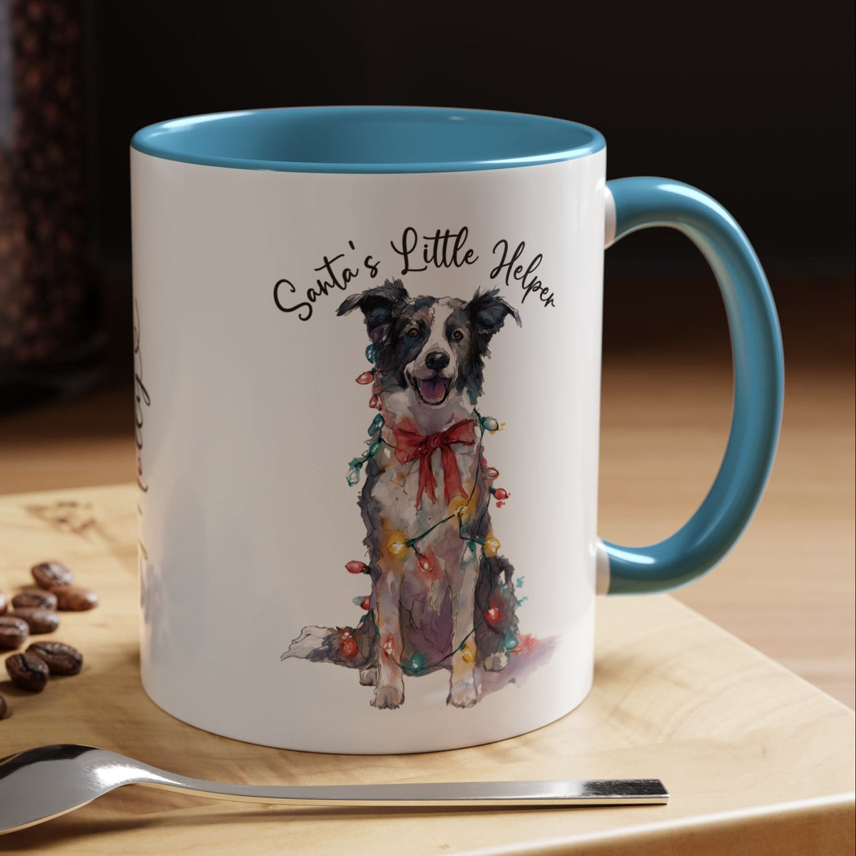 Border Collie, Santa's little helper, personalised accent colour 11oz mug