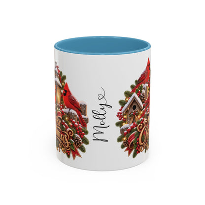 Cardinal Birds Merry Christmas, personalised accent colour 11oz mug