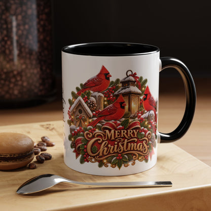 Cardinal Birds Merry Christmas, personalised accent colour 11oz mug