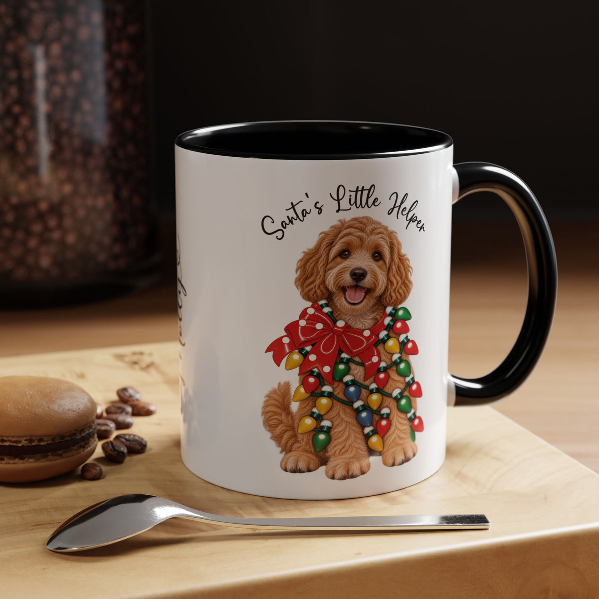 Labradoodle #1, Santa's little helper, personalised accent colour 11oz mug