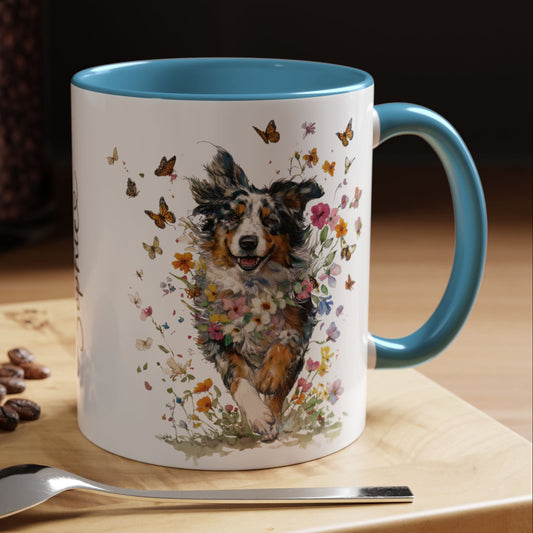 Australian Shepherd running Personalized Accent Mugs, 11oz