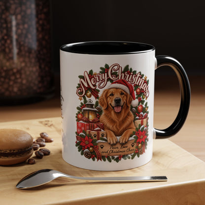 Golden Retriever Merry Christmas, personalised accent colour 11oz mug