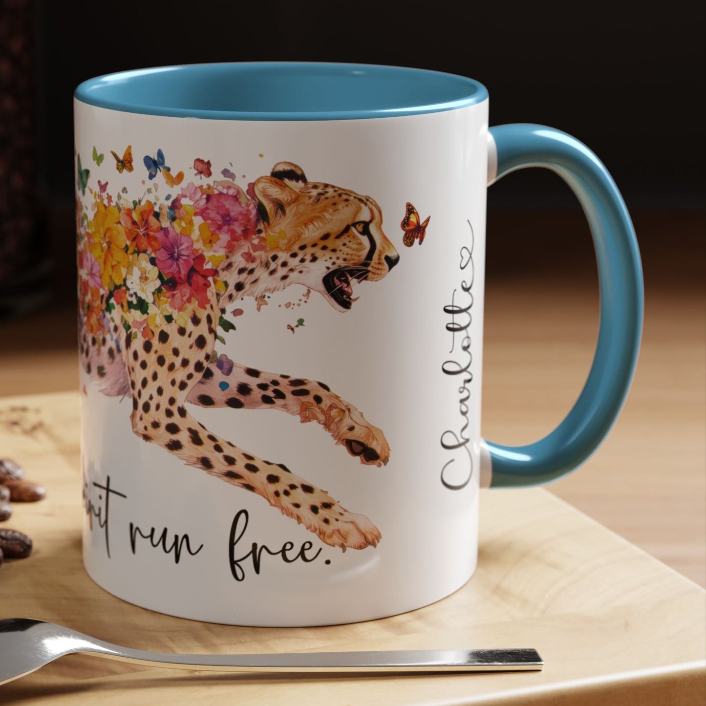 Cheetah "Let your spirit run free" Personalized Accent Mugs, 11oz