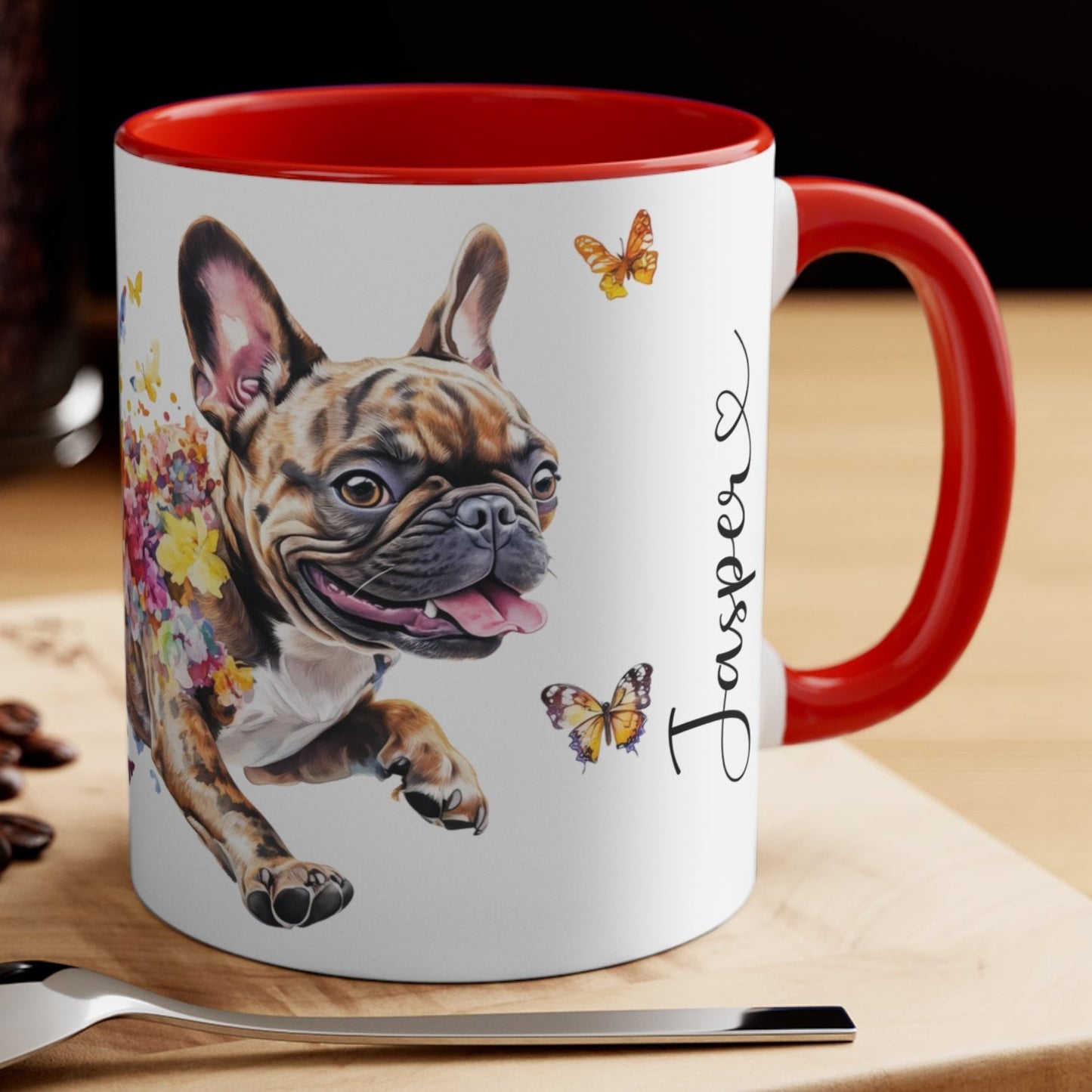 French Bulldog, Brindle running personalized colourful Mugs, 11oz