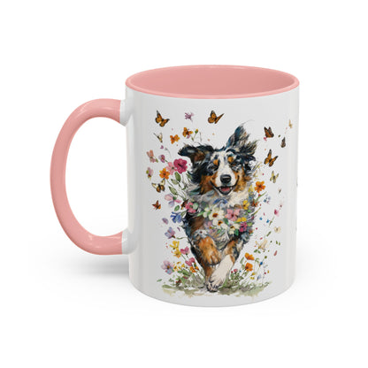 Australian Shepherd running Personalized Accent Mugs, 11oz