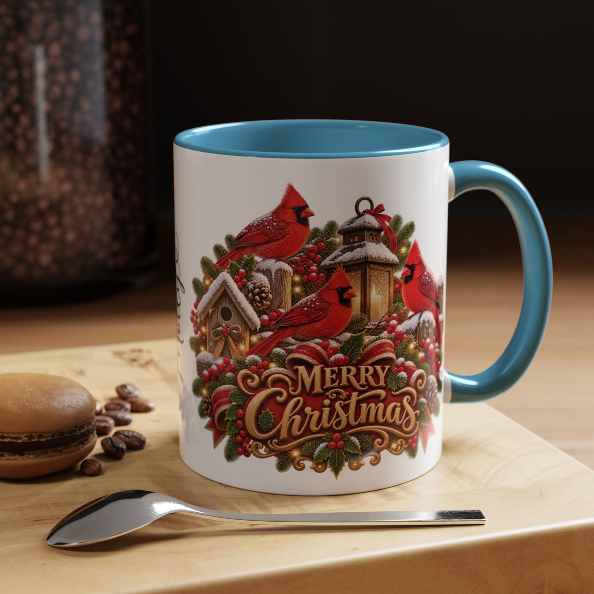 Cardinal Birds Merry Christmas, personalised accent colour 11oz mug
