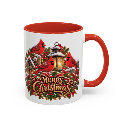 Cardinal Birds Merry Christmas, personalised accent colour 11oz mug