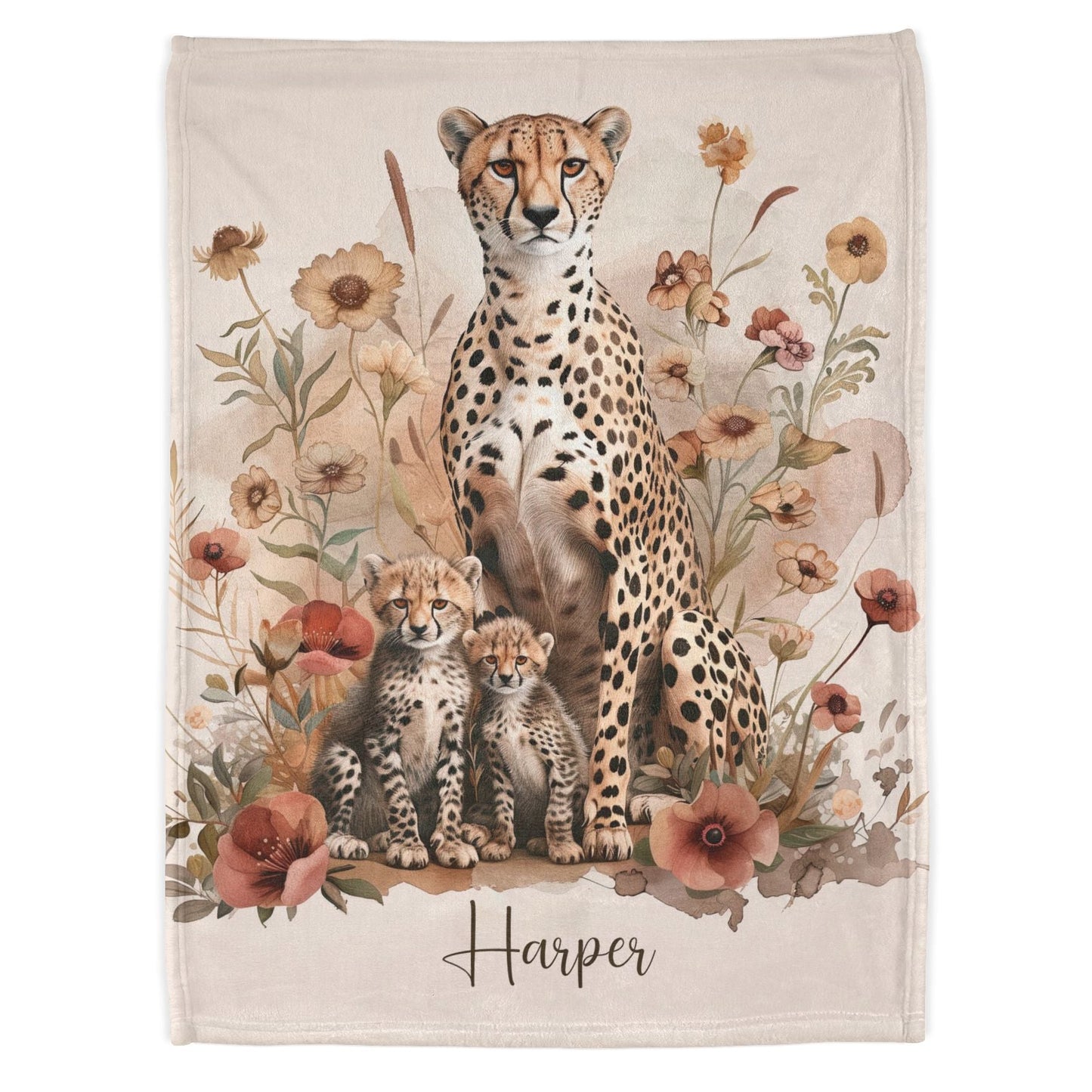 Cheetah with Cubs Personalised Soft Polyester Blanket