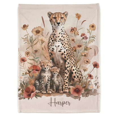 Cheetah with Cubs Personalised Soft Polyester Blanket