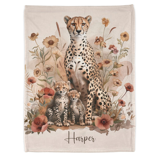 Cheetah with Cubs Personalised Soft Polyester Blanket