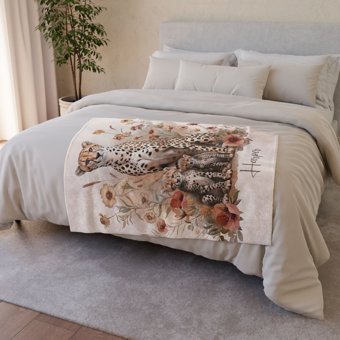 Cheetah with Cubs Personalised Soft Polyester Blanket
