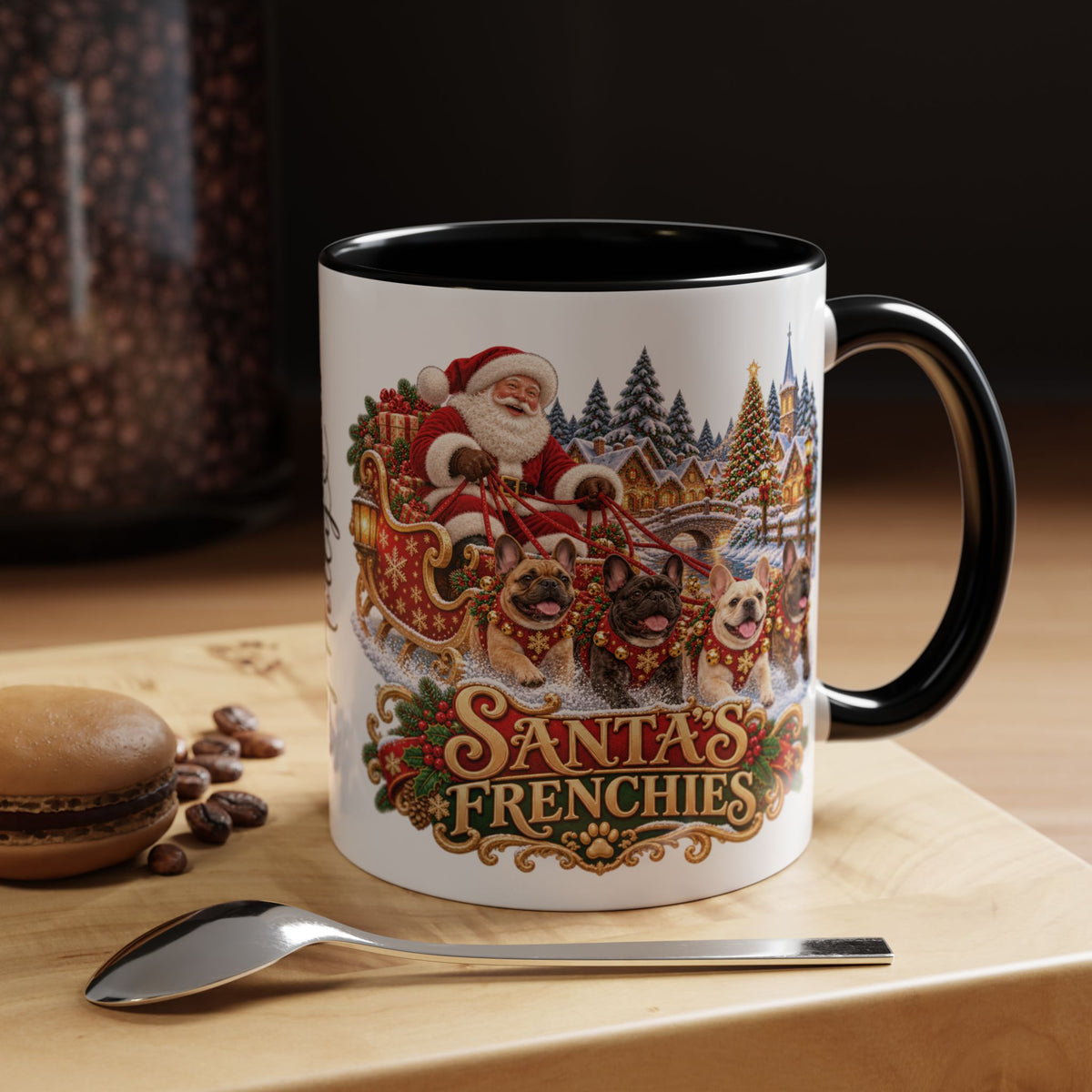 Santa's Frenchies, personalised accent colour 11oz mug