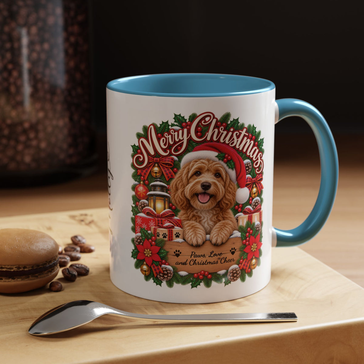 Golden Doodle Merry Christmas, personalised accent colour 11oz mug
