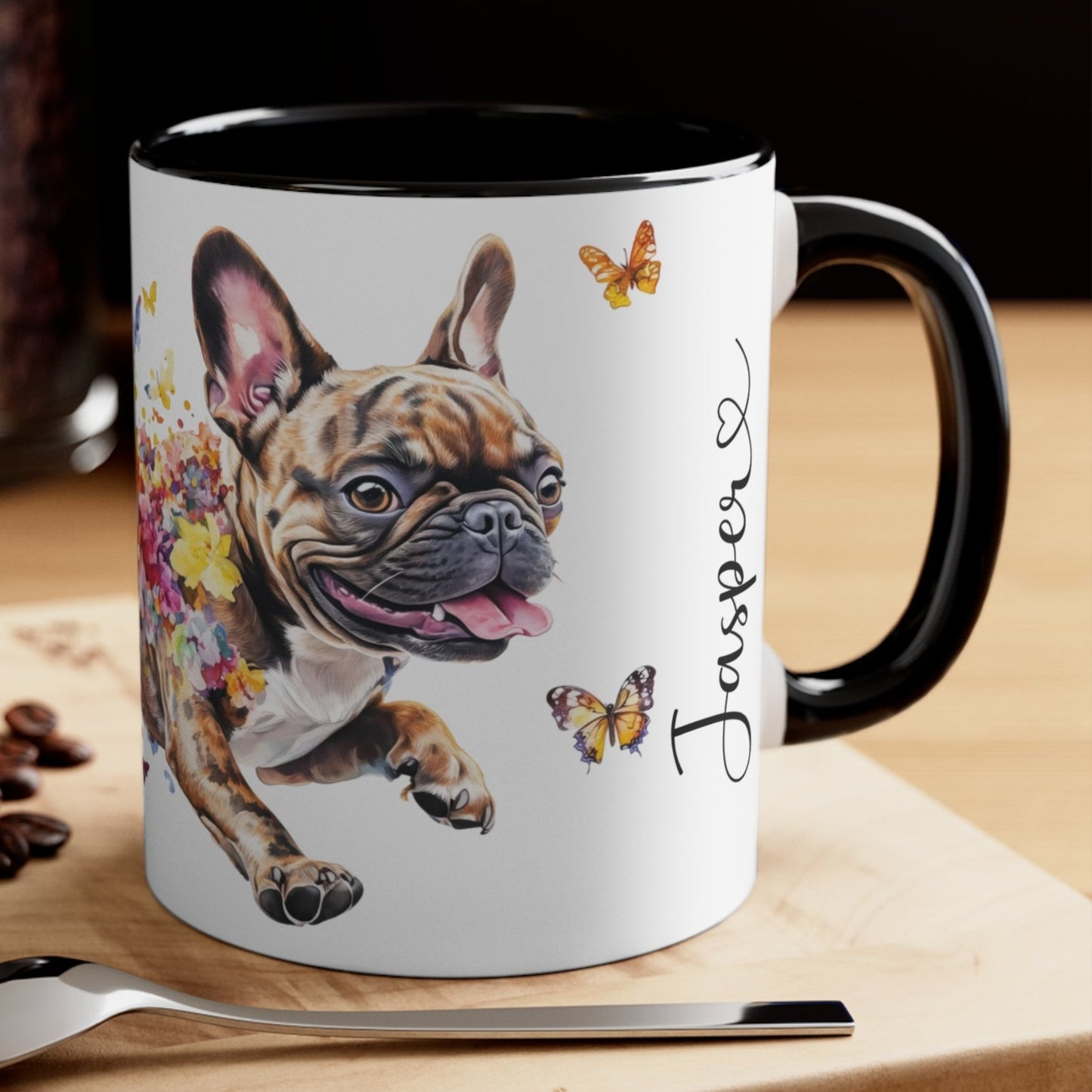 French Bulldog, Brindle running personalized colourful Mugs, 11oz