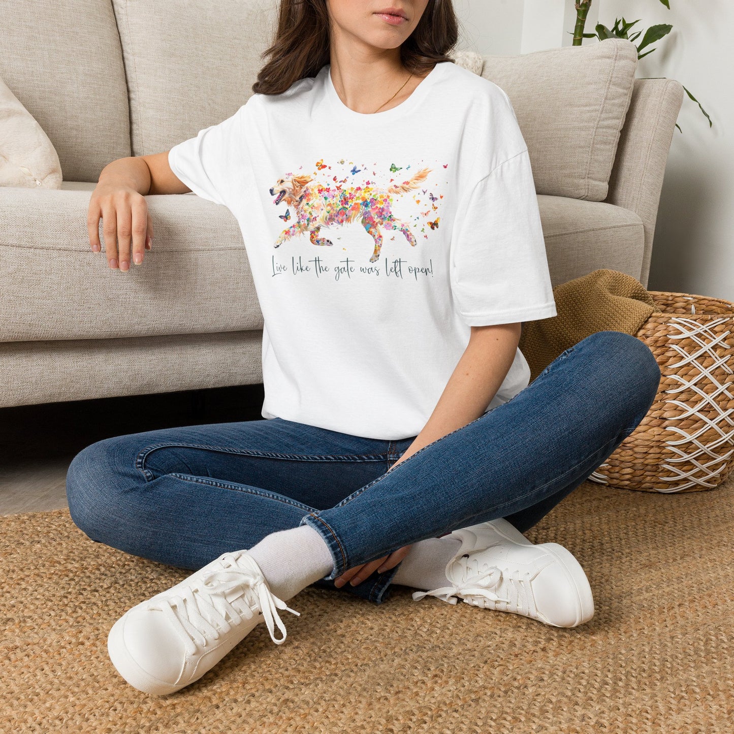 PC Golden Retriever 'Live like the gate was left open' T shirt