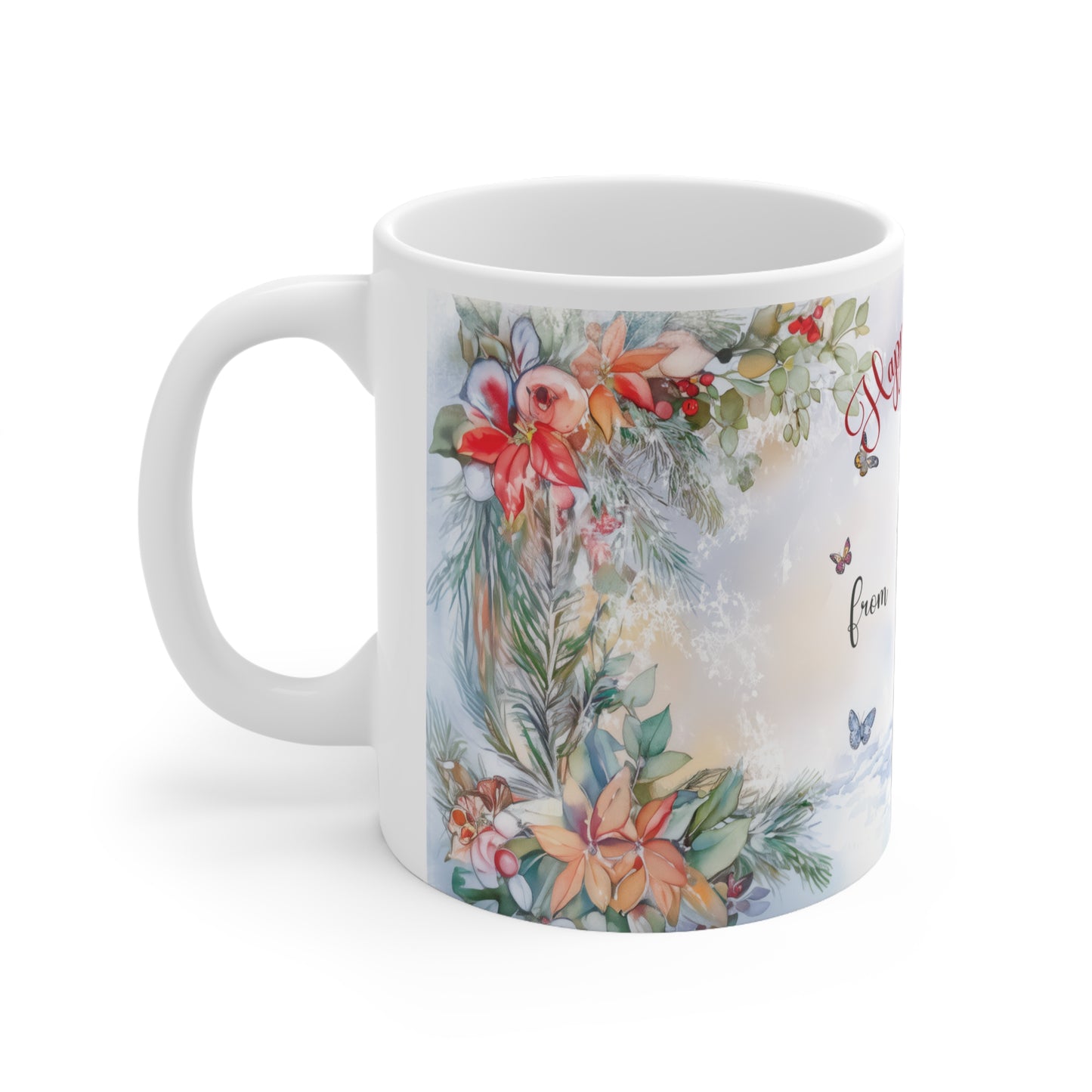German Shepherd Happy Holidays Personalized White Mugs, 11oz