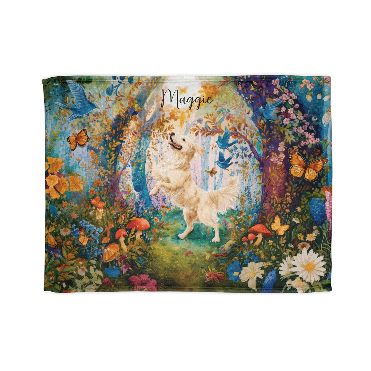 Cream Golden Retriever Dancing Mystical Forest, Personalised Blanket