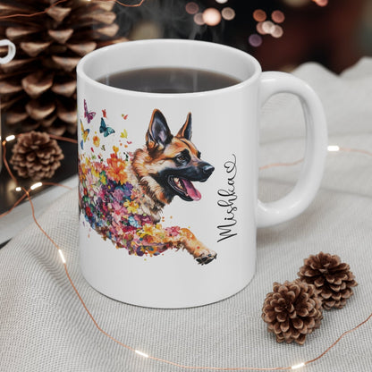 German Shepherd running personalized white Mug, 11oz