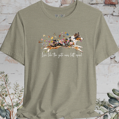 Australian Shepherd (docked) #3 'Live like the gate was left open' T shirt
