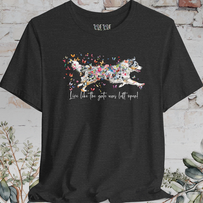 Aussie Doodle Blue Merle "Live like the gate was left open" Unisex T shirt