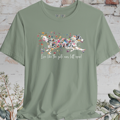 Aussie Doodle Blue Merle "Live like the gate was left open" Unisex T shirt