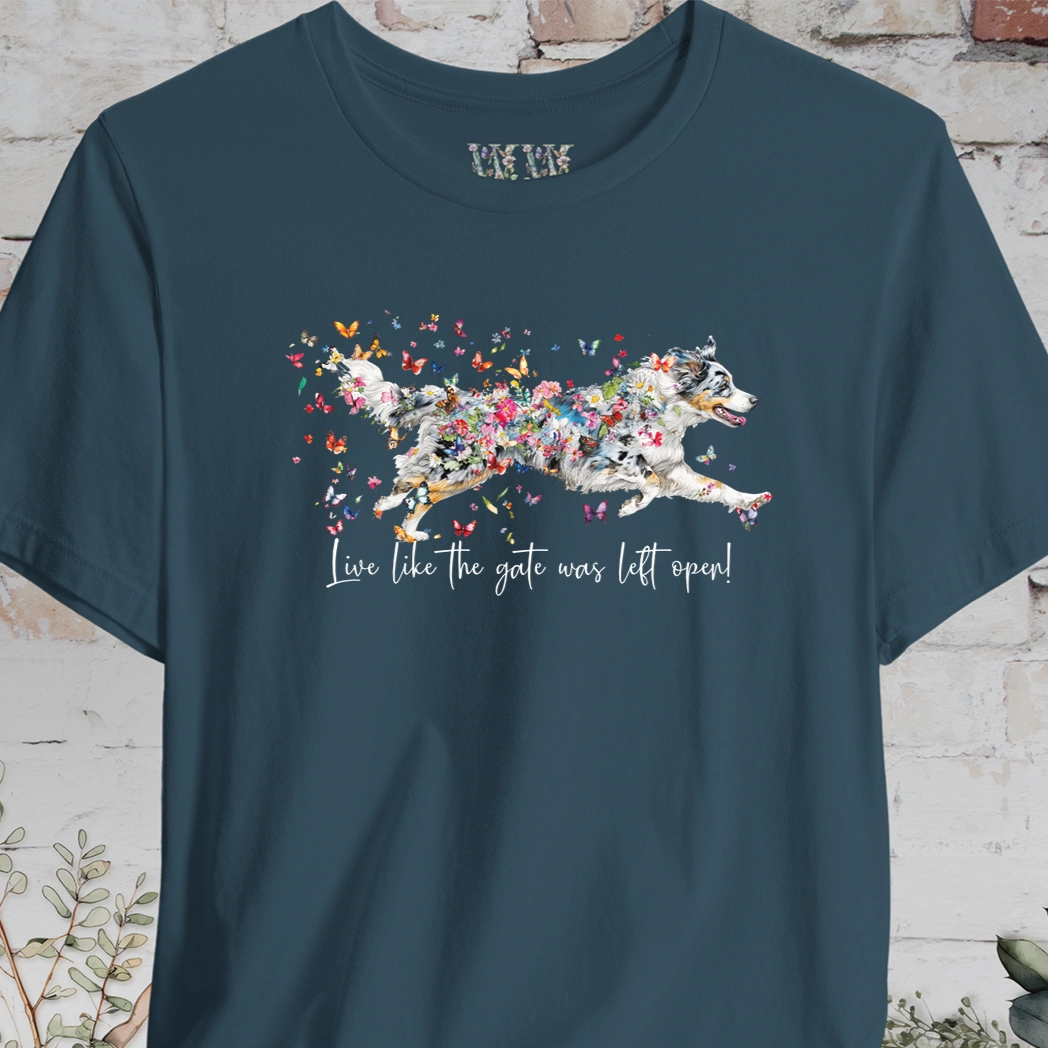 Aussie Doodle Blue Merle "Live like the gate was left open" Unisex T shirt