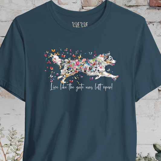 Aussie Doodle Blue Merle "Live like the gate was left open" Unisex T shirt
