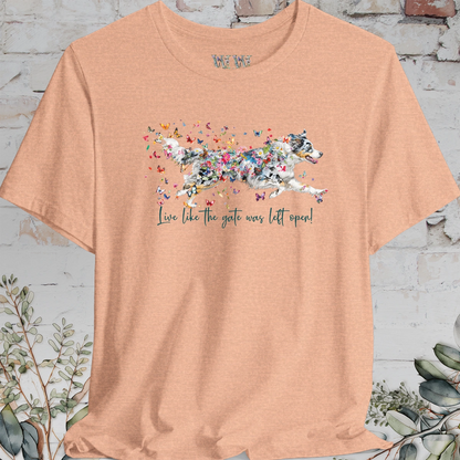 Aussie Doodle Blue Merle "Live like the gate was left open" Unisex T shirt
