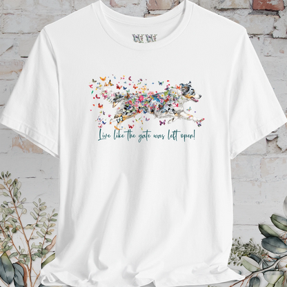 Aussie Doodle Blue Merle "Live like the gate was left open" Unisex T shirt
