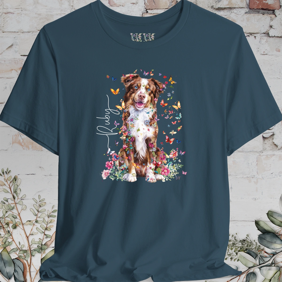 Australian Shepherd #5, Personalised Floral Butterfly T shirt