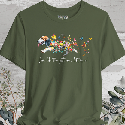 Basset Hound #1 "Live like the gate was left open" Unisex T shirt