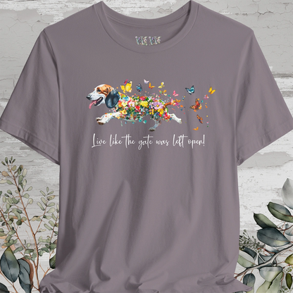 Basset Hound #1 "Live like the gate was left open" Unisex T shirt