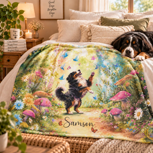 Bernese Mountain Dog Dancing Mystical Forest Personalised Blanket