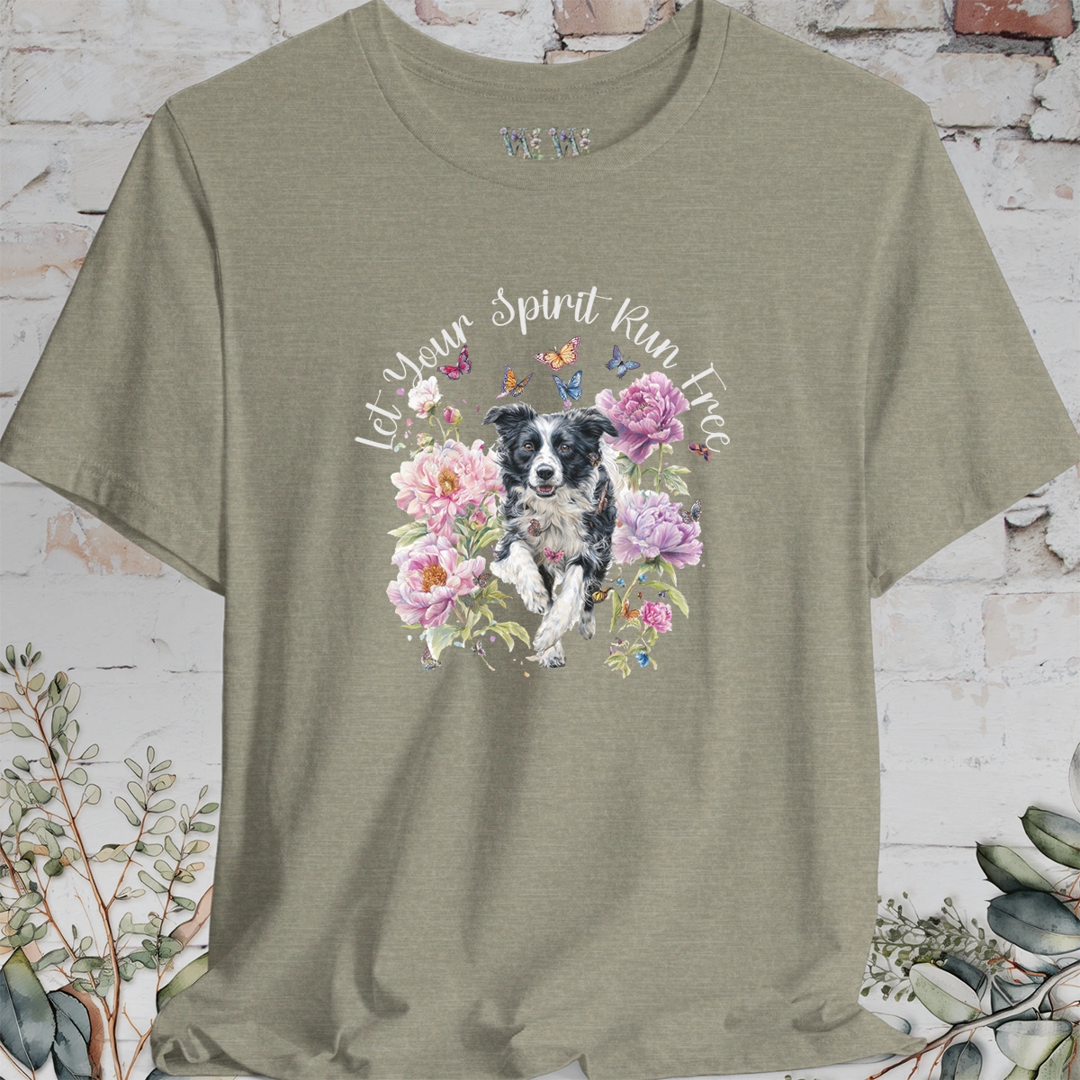 Border Collie #5 "Let your spirit run free" Peony & Butterfly T shirt