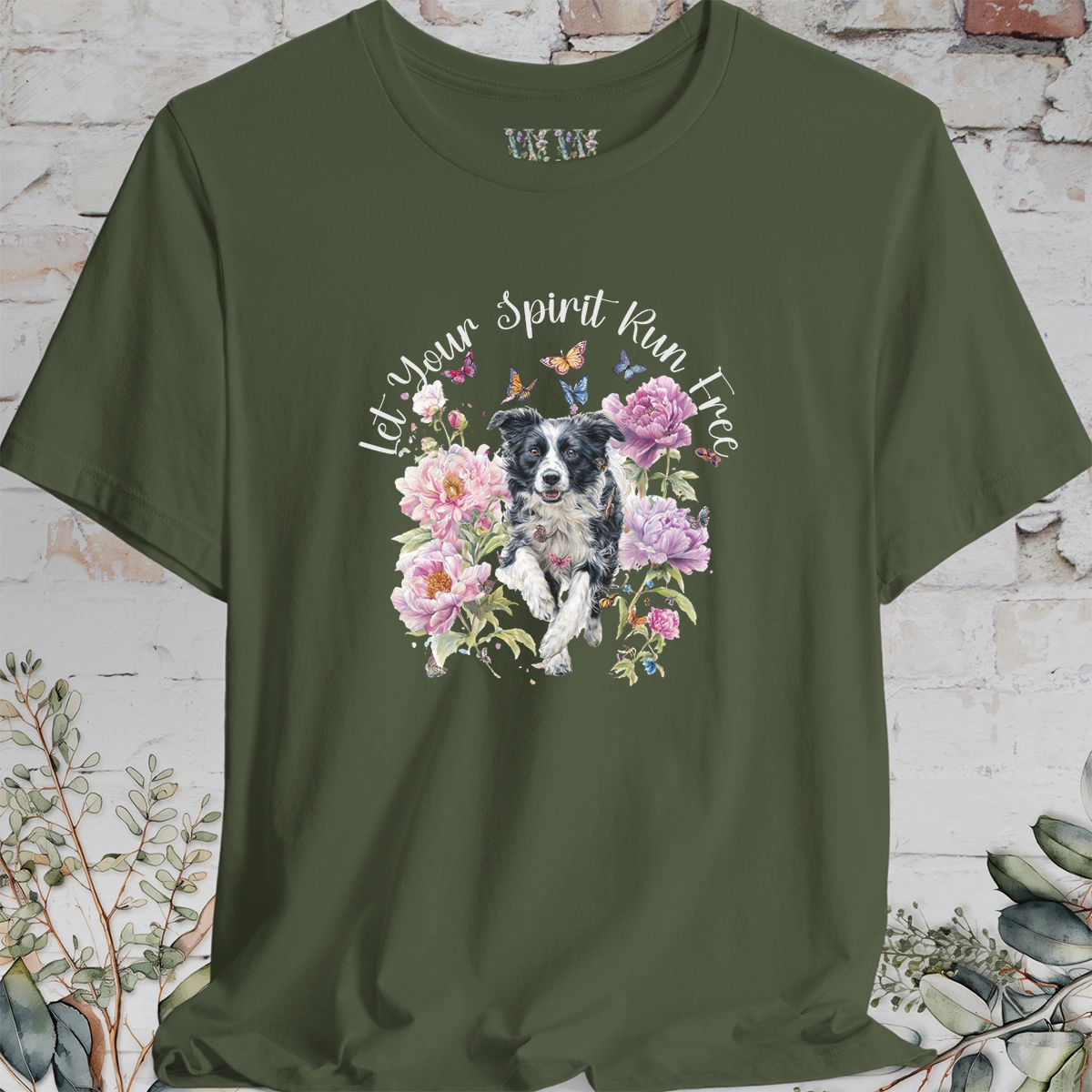 Border Collie #5 "Let your spirit run free" Peony & Butterfly T shirt