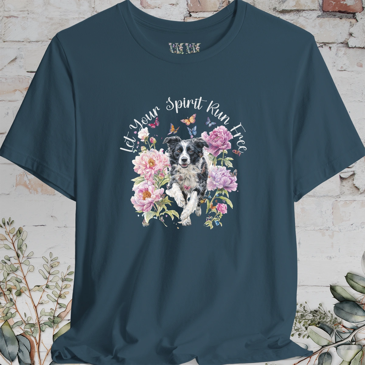Border Collie #5 "Let your spirit run free" Peony & Butterfly T shirt