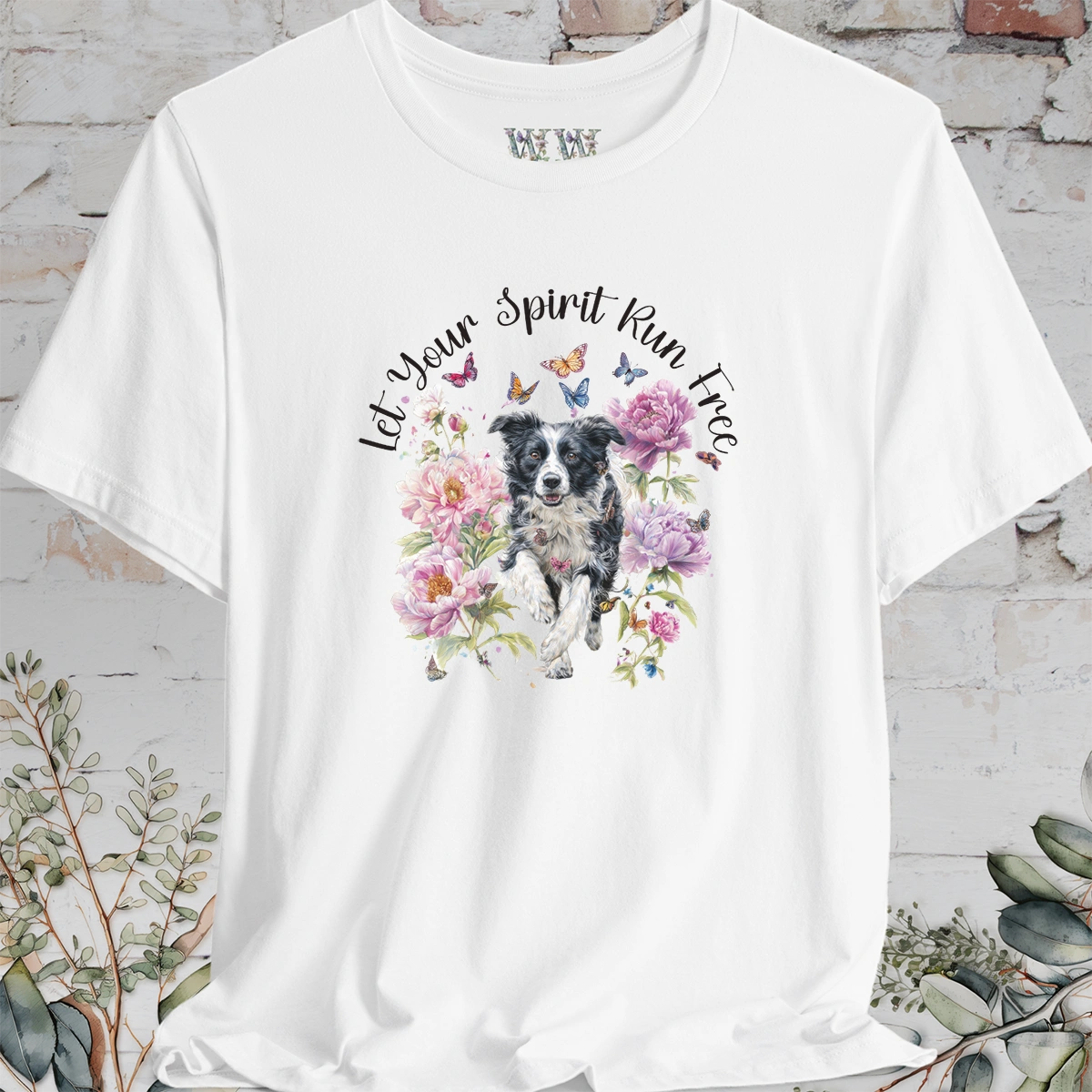 Border Collie #5 "Let your spirit run free" Peony & Butterfly T shirt