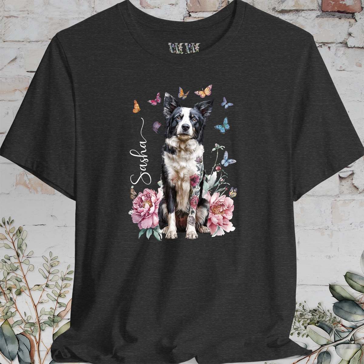 Border Collie #2 Peony Butterfly T shirt