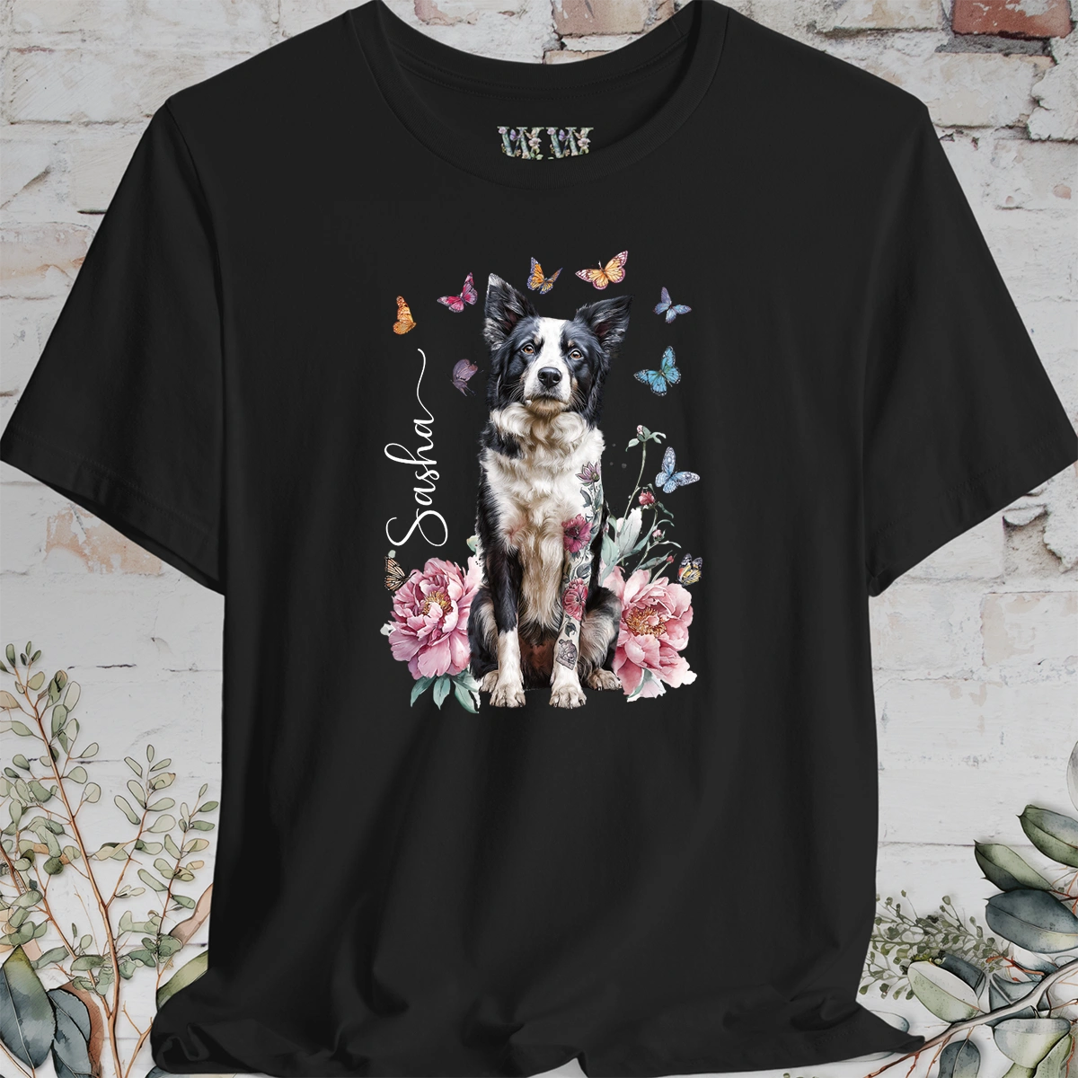 Border Collie #2 Peony Butterfly T shirt