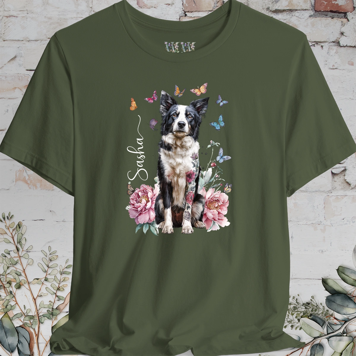 Border Collie #2 Peony Butterfly T shirt