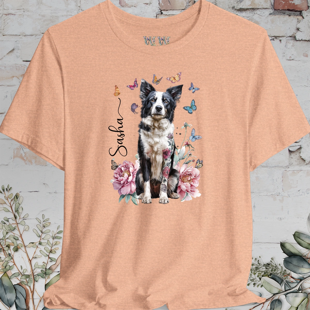 Border Collie #2 Peony Butterfly T shirt
