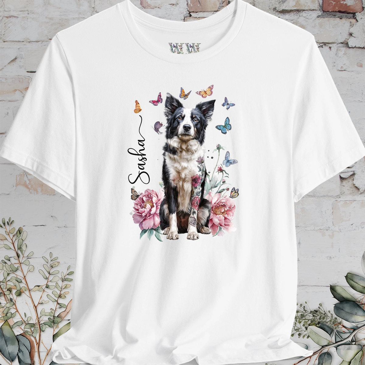 Border Collie #2 Peony Butterfly T shirt