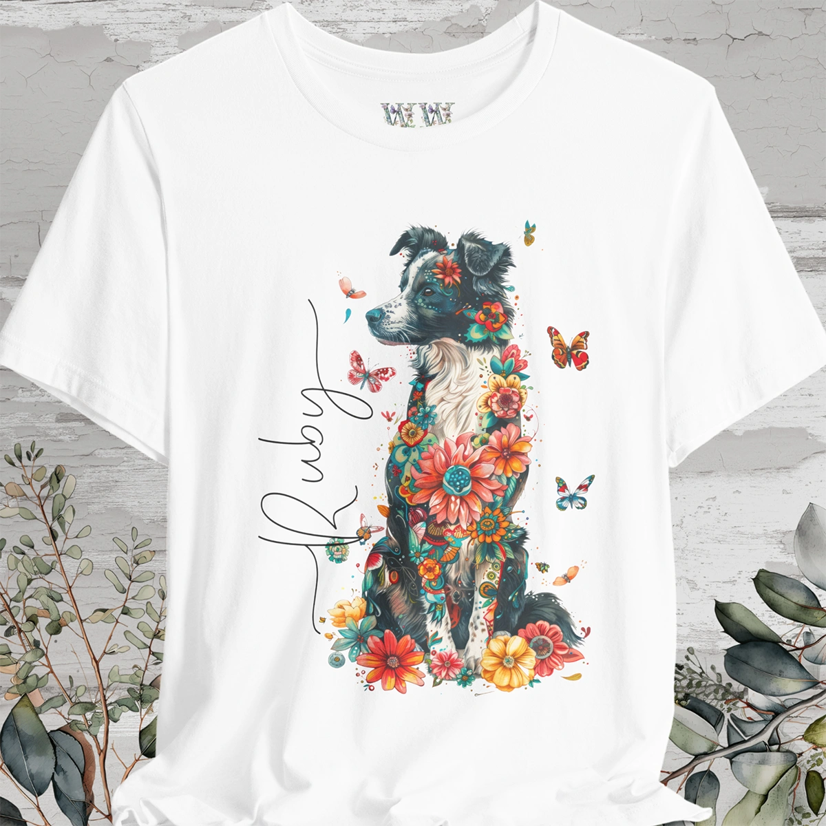 Border Collie (Australian Collie) Floral Personalized T shirt